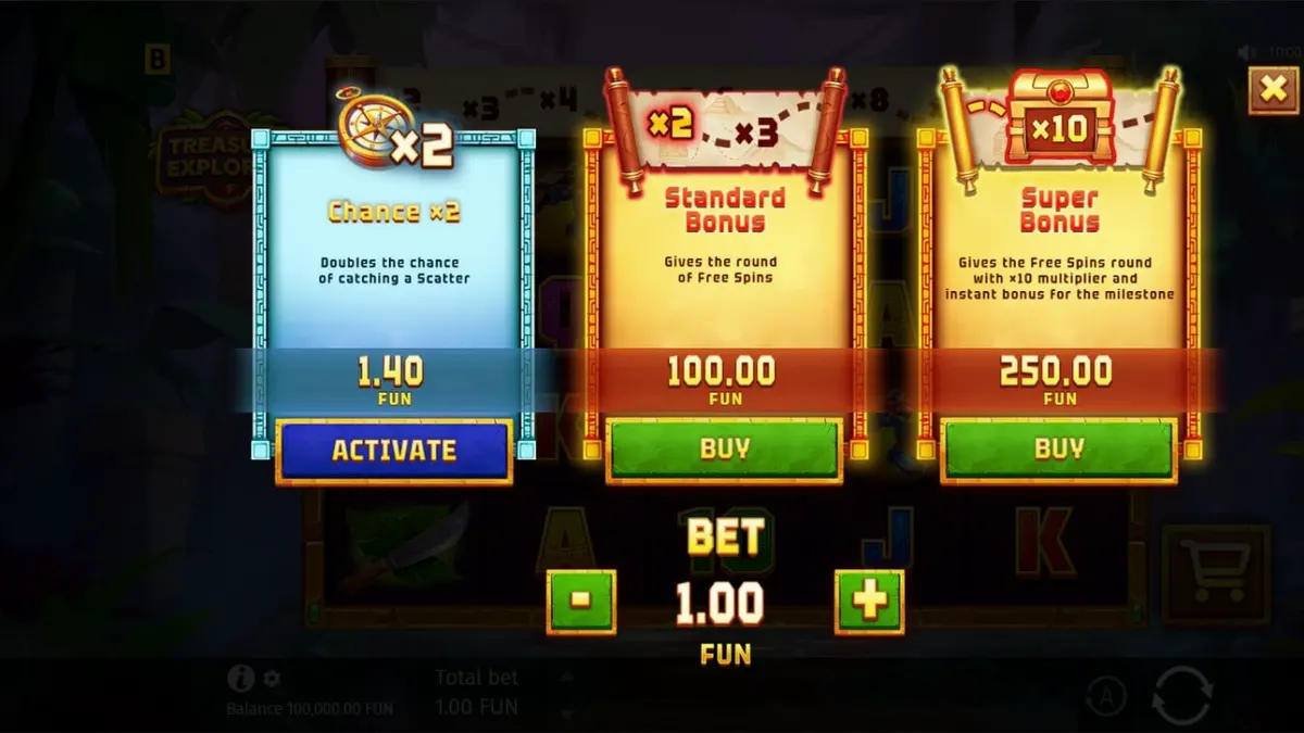 Tampilan visual slot Treasure Explorer dengan tema hutan dan harta karun Aztec